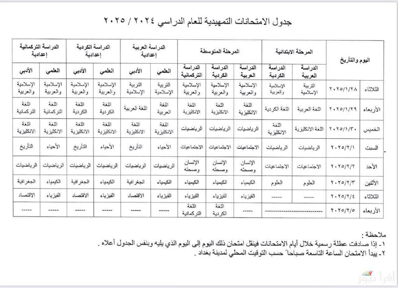 جدول الامتحانات التمهيدية