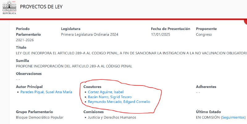 Recordemos a los congresistas coautores de …