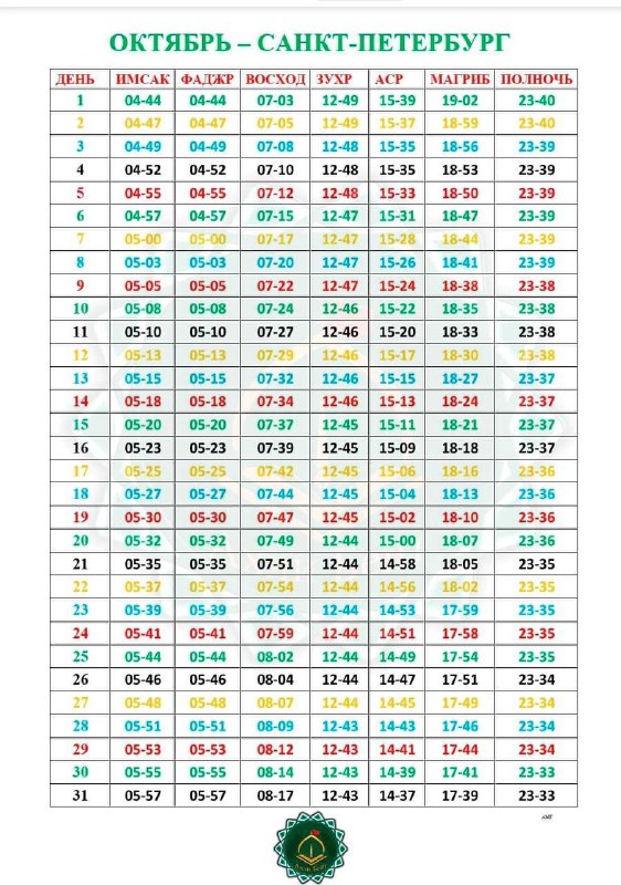 ***🌹***اوقات شرعی سینت پیترزبورگ -اکتبر***🌹***
