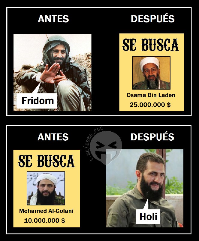 [#Siria](?q=%23Siria) [#BinLaden](?q=%23BinLaden) [#AlGolani](?q=%23AlGolani) [#Yihadistas](?q=%23Yihadistas) [#BuenosOMalosSegúnConvenga](?q=%23BuenosOMalosSeg%C3%BAnConvenga) [#NosMeanYDicenQueLlueve](?q=%23NosMeanYDicenQueLlueve)