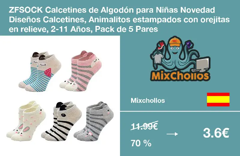**ZFSOCK Calcetines de Algodón para Niñas Novedad Diseños Calcetines, Animalitos estampados con orejitas en relieve, 2-11 Años, Pack de 5 …