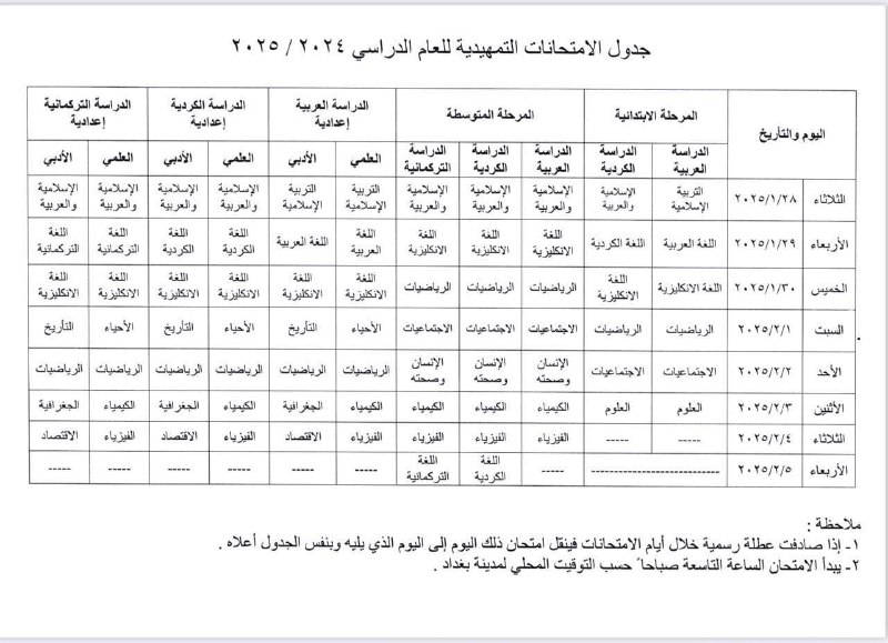 **التربية تعلن جدول الامتحانات التمهيدية للعام …