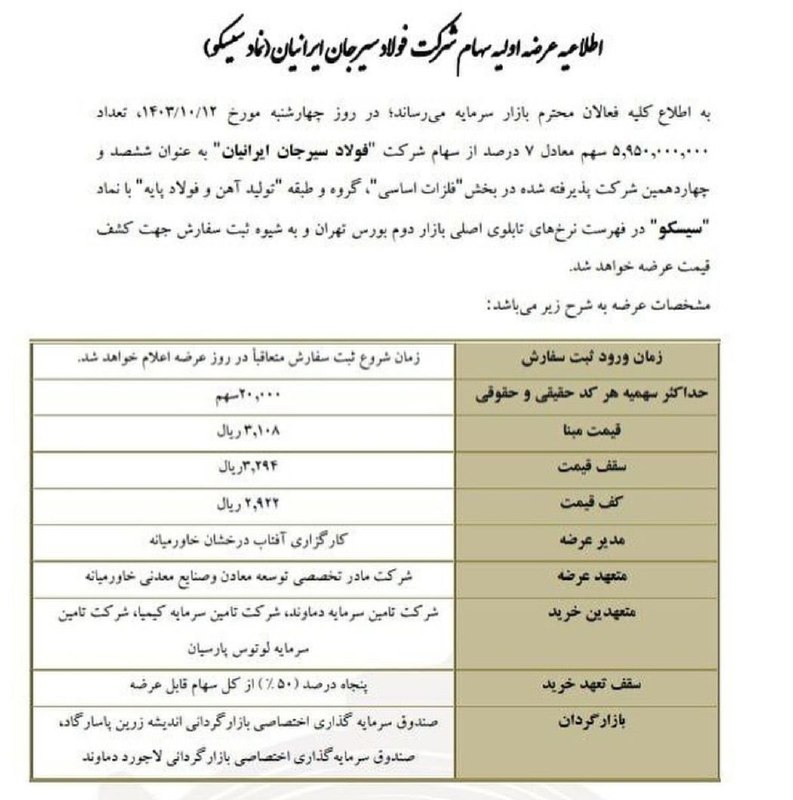 *****?*****[**#عرضه\_اولیه**](?q=%23%D8%B9%D8%B1%D8%B6%D9%87_%D8%A7%D9%88%D9%84%DB%8C%D9%87) **|** [**#سیسکو**](?q=%23%D8%B3%DB%8C%D8%B3%DA%A9%D9%88) **سهام شرکت فولاد …