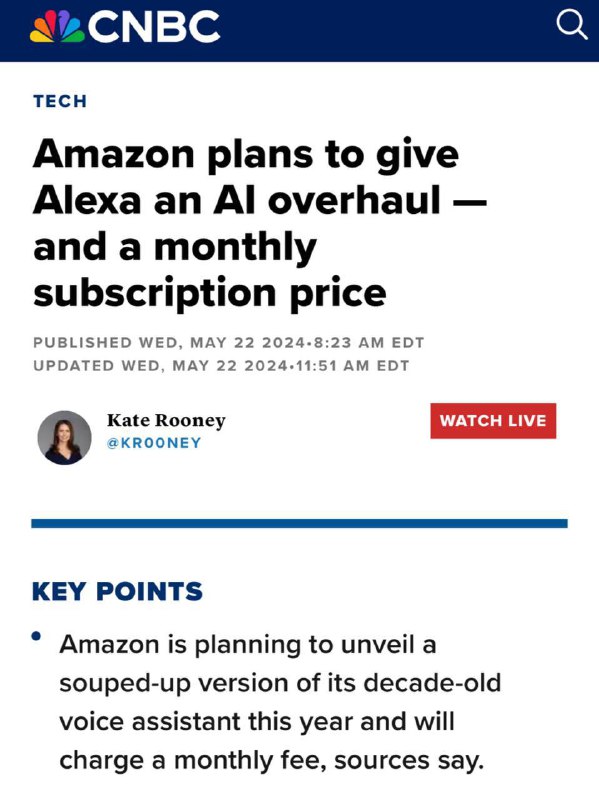 **Amazon** [встроит](https://www.cnbc.com/2024/05/22/amazon-plans-to-give-alexa-an-ai-overhaul-monthly-subscription-price.html)вголосового помощника **Alexa** искусственный интеллект …