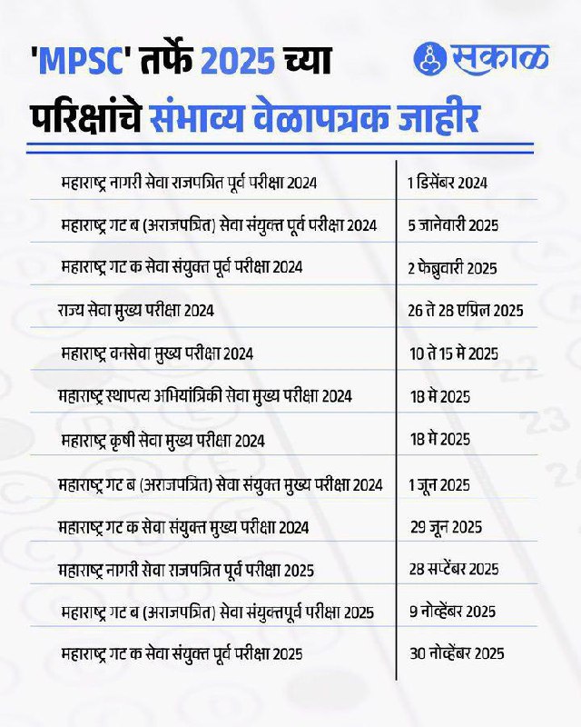 ***✅*****MPSC 2025 च्या परिक्षांचे संभाव्य वेळापत्रक**