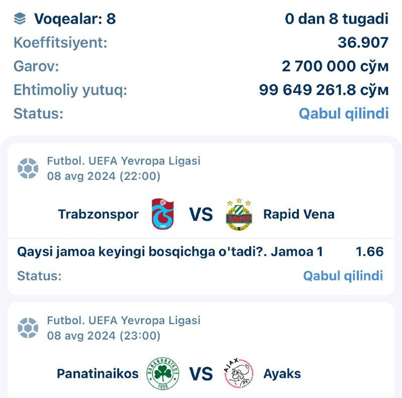 ***??*** **UEFA** **Yeprova Ligasi** o’yinlariga 100%lik …