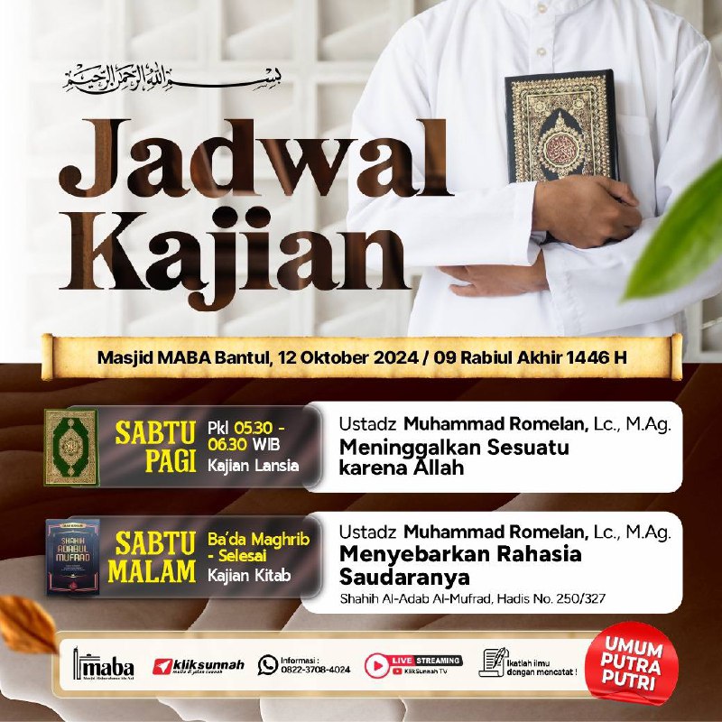 ****📚*** Jadwal Kajian Sabtu di MABA*