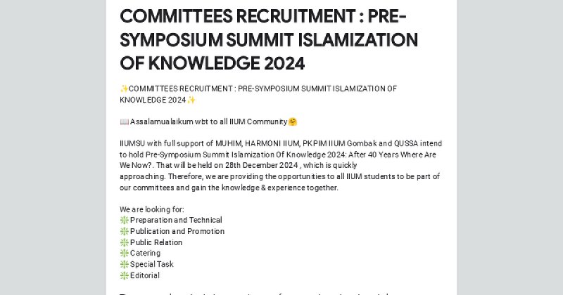 **COMMITTEES RECRUITMENT: PRE-SYMPOSIUM SUMMIT ISLAMISATION OF …