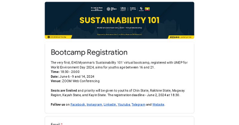 🇲ဇွန် (၅) ရက်နေ့တွင်ကျရောက်မည့် ကမ္ဘာ့ပတ်ဝန်းကျင်ထိန်းသိမ်းရေးနေ့ (World Environment Day 2024) ကိုဂုဏ်ပြုသောအားဖြင့် EHS Myanmar မှ "Sustainability 101" Virtual Bootcamp ကိုပြုလုပ်သွားမှာဖြစ်ပါတယ်။
