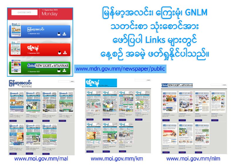 နေ့စဉ်ထုတ် သတင်းစာ (၃)စောင်ဖြစ်သည့် မြန်မာ့အလင်း၊ ကြေးမုံနှင့် GNLM …