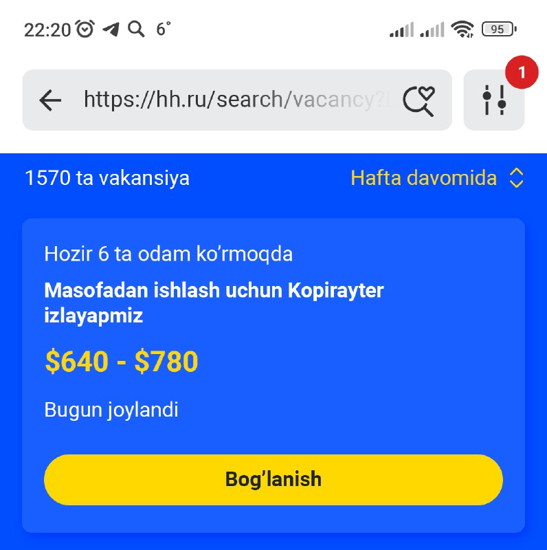 **Haftasiga 500 dan ko'p vakant joylar …