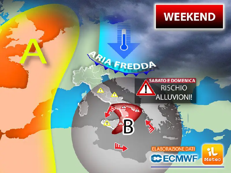 **Meteo: Weekend a rischio Alluvioni, tra Sabato e Domenica un ciclone colpirà parte d'Italia; i dettagli**