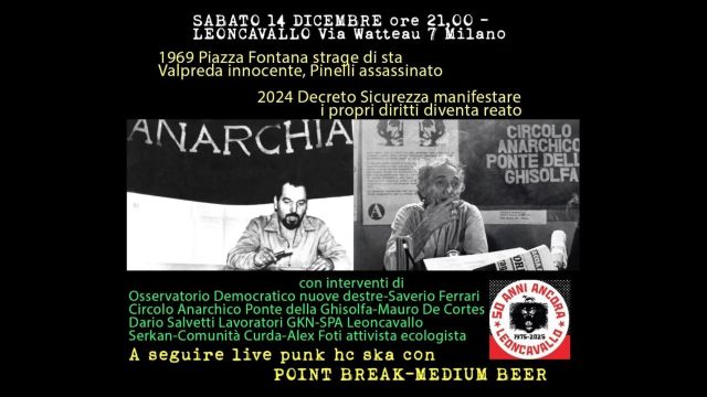 [Milano: 14/12 ore 21 "Pinelli assassinato, …