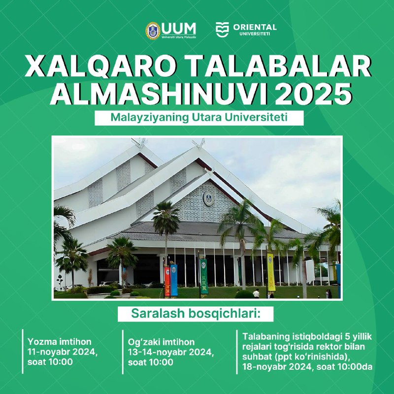 **Bugun Malayziyaning Utara Universitetida oʻqish granti …