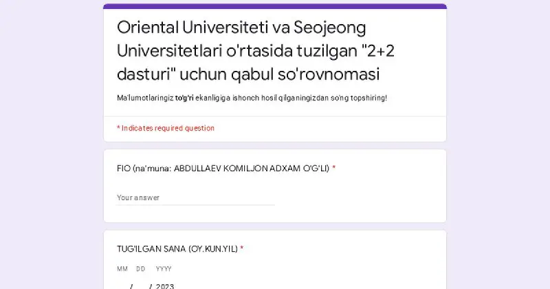 Oriental Universitetining 2+2 dasturiga DTM da to’plagan balingiz bilan suhbat asosida qabul qilinishingiz mumkin bo’ladi.