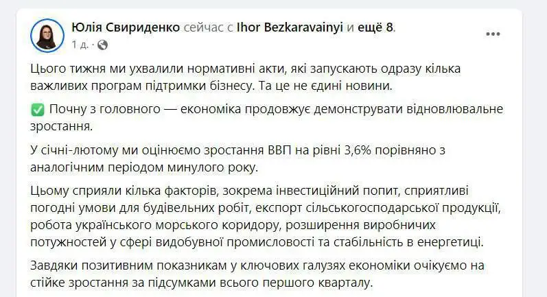**ВВП України** [зріс на](https://www.facebook.com/yulia.svyrydenko/posts/pfbid0MqxCs2FP4yncVCCdSBdyhjekE3JtzFb7vsc34mSRzWdicWwRSndXnYtsKpeGkaxnl) **3,6% в …