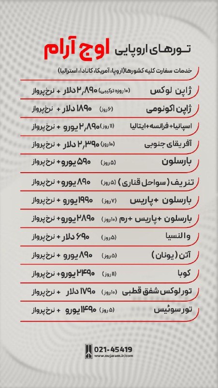 لیست قیمت تورهای اروپایی