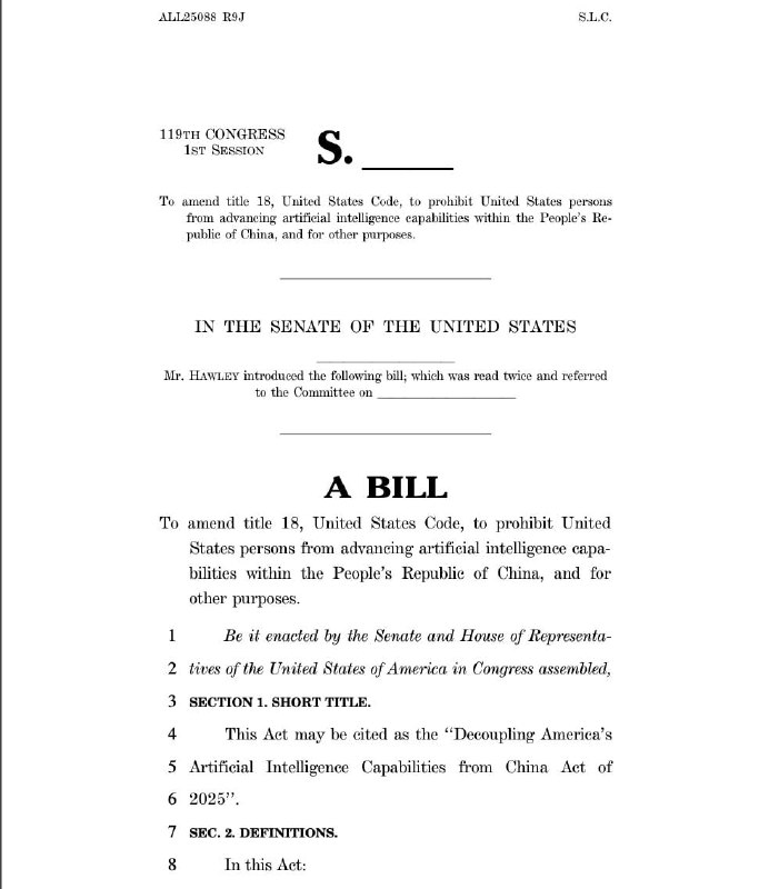 ***👀*** Сенатор США [предложил](https://www.hawley.senate.gov/wp-content/uploads/2025/01/Hawley-Decoupling-Americas-Artificial-Intelligence-Capabilities-from-China-Act.pdf) законопроект, который …