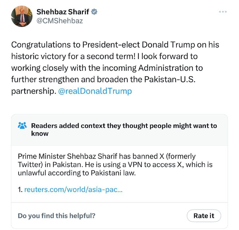 **Премьер-министр Пакистана** [**поздравил**](https://x.com/CMShehbaz/status/1854079880218222857) **Трампа с победой …