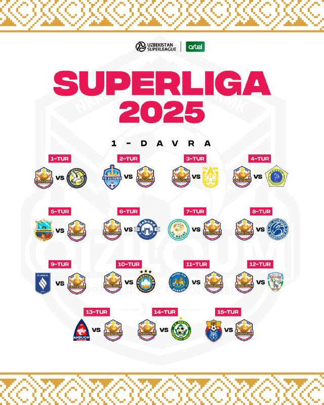 *****⚽️**********⚽️***** **Superliga-2025. Birinchi davra taqvimi!*****🌐*** [Website](https://pfcqizilqum.uz/) …