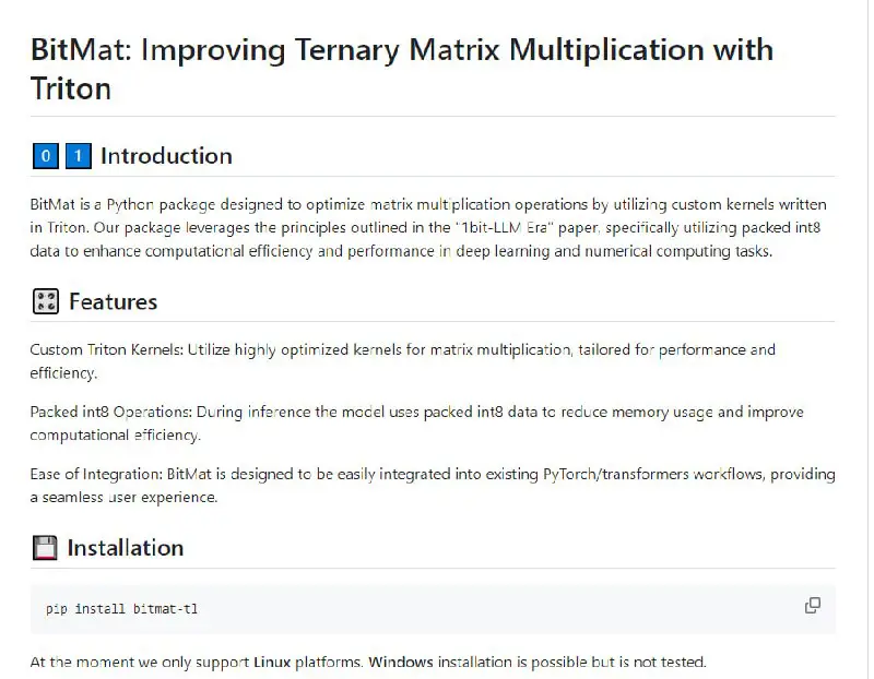 [BitMat](https://github.com/astramind-ai/BitMat): 基于 Triton 优化矩阵乘法运算的 Python 软件包，利用自定义内核实现高效性能