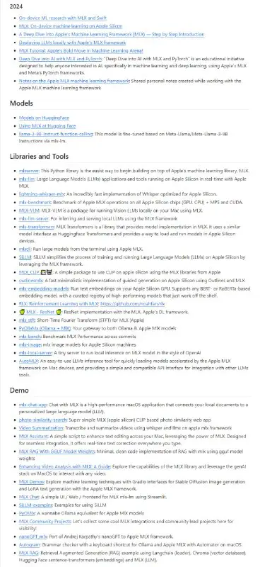 关于 Apple 的 MLX 机器学习库的精选列表，包括关于 MLX …
