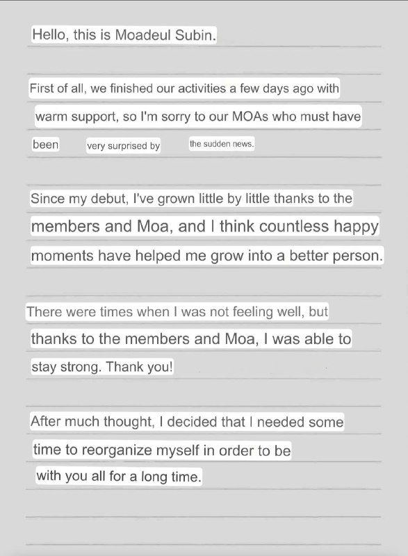 Translated hand-written letter from soobin on …