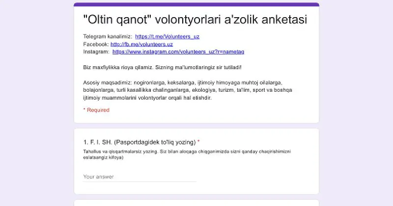 ***🤝*** \_Bizning safimizga a'zo bo'lish anketasini esa, Google formatdagi so'rovnoma ko'rinishida to'ldirishingiz mumkin: