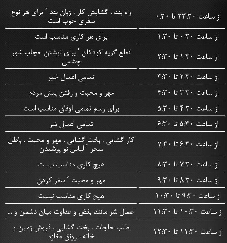 ***⏰*** جدول ساعات سعد و نحس