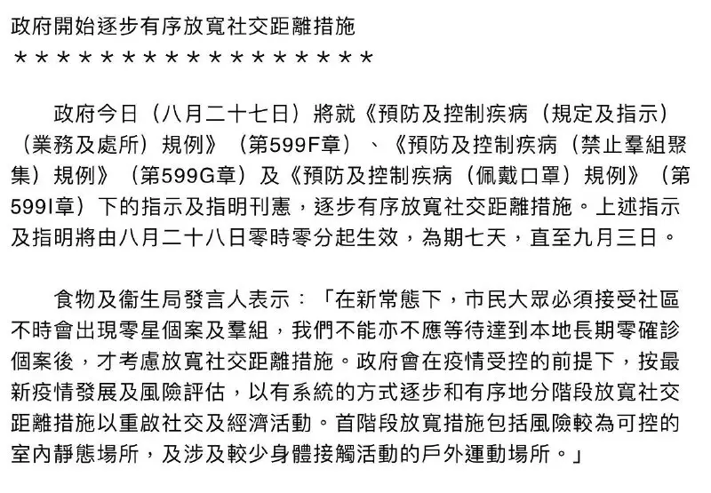 政府今日將新一輪社交距離措施刊憲，由八月二十八日零時零分起生效，為期七天，直至九月三日。