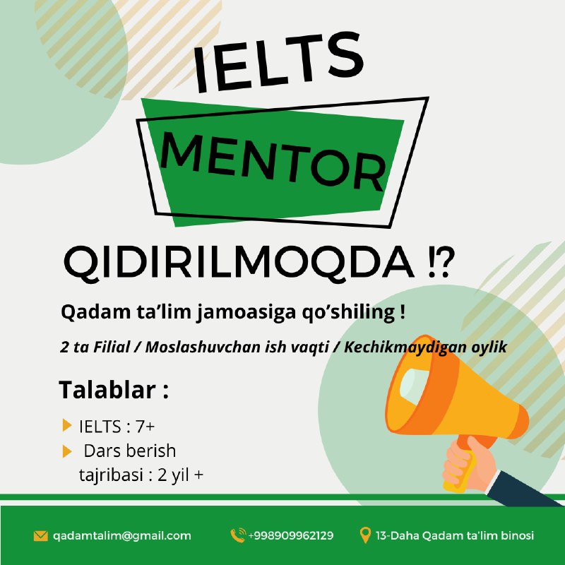 **IELTS MENTOR QIDIRILMOQDA!**