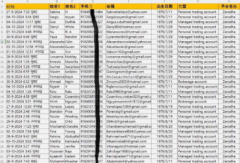 印度股票股民，印度Zerodha证券。全格式：时间，姓名，邮箱，出生日期，类型，平台名称。一手源头，一手新鲜