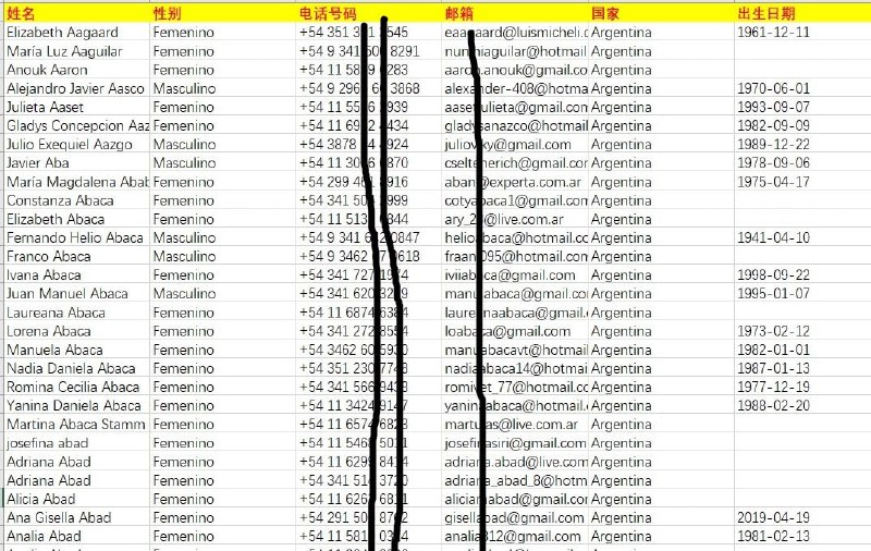 阿根廷股票股票，阿根廷投资客户，全格式：姓名，性别，手机号，邮箱，国家，出日期。一手新鲜，一手源头