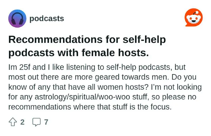 Recommendations for self-help podcasts with female hosts.