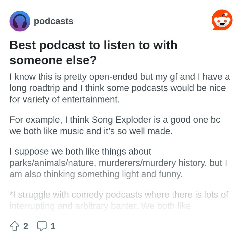 Best podcast to listen to with someone else?