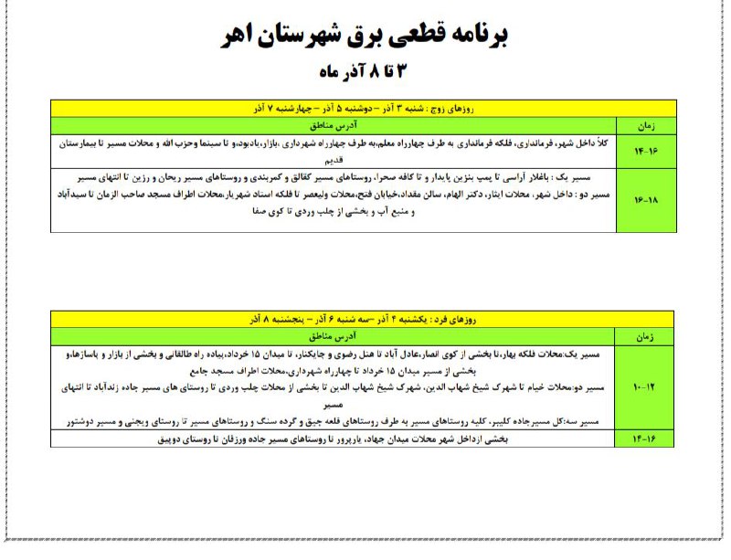 ***♦️***برنامه قطعی برق شهرستان اهر