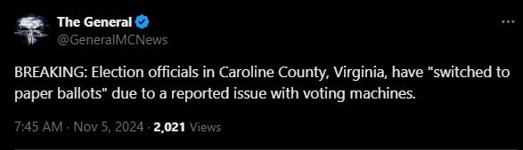 突發新聞：由於據報道投票機存在問題，弗吉尼亞州卡羅琳縣的選舉官員已「改用紙質選票」。