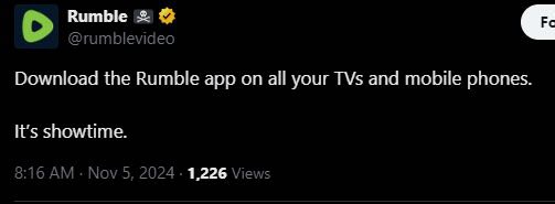 Rumble 剛剛發推建議大家下載Rumble。