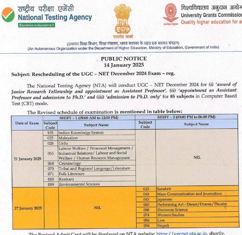 **UGC NET Revised Schedule**