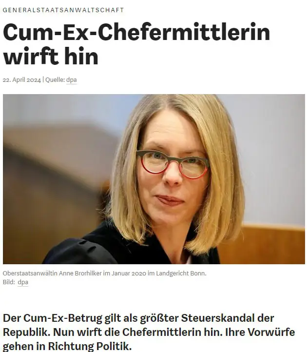 [Cum-Ex-Chefermittlerin wirft hin](https://www.wiwo.de/unternehmen/banken/generalstaatsanwaltschaft-cum-ex-chefermittlerin-wirft-hin-/29766052.html)