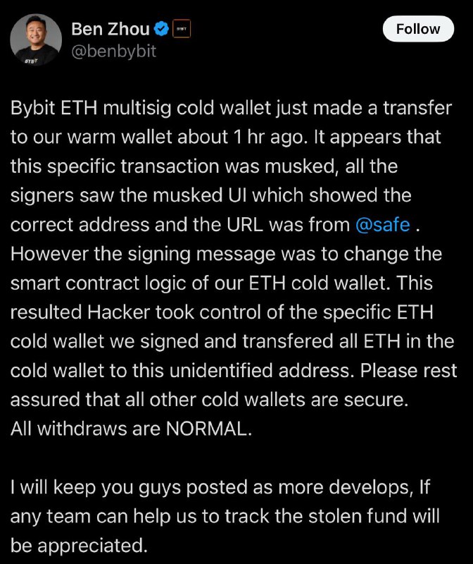 ***🚨*** **BREAKING:** [Bybit](https://cointelegraph.com/news/bybit-exchange-hacked) confirms its $ETH …