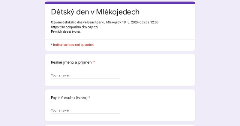 Registrační formulář na Dětský park v …