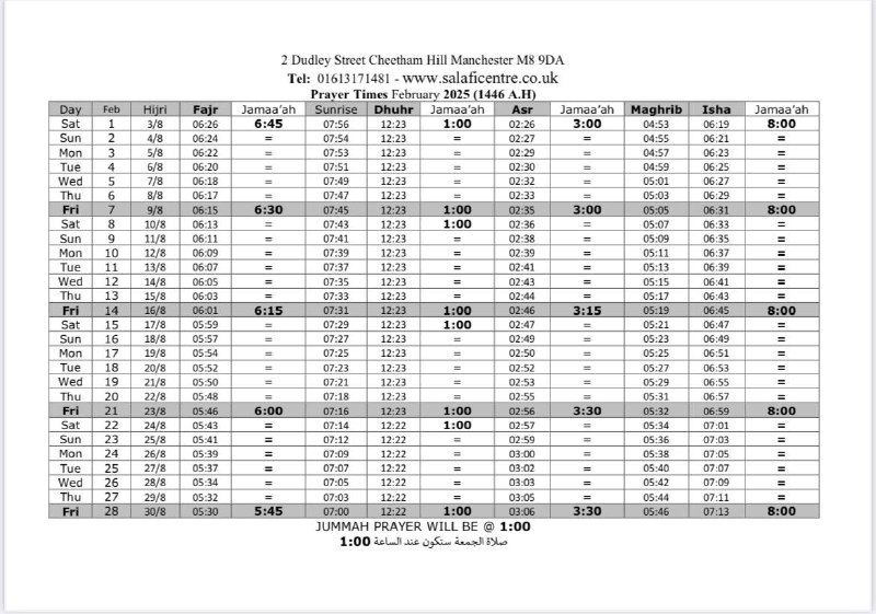 Salafi Centre Prayer Timetable