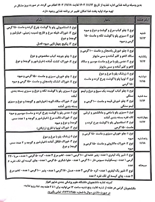 برنامه غذایی هفته آینده