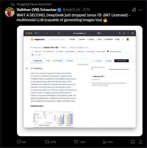 财联社1月28日电，人工智能社区Hugging Face显示，DeepSeek刚刚发布了开源多模态人工智能（AI）模型Janus-Pro。其中Janus-Pro-7B在GenEval和DPG-Bench基准测试中击败了OpenAI的DALL-E 3和Stable Diffusion。