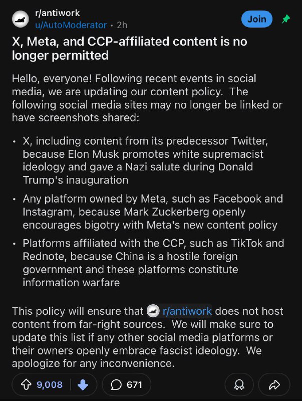 r/antiwork banning “CCP-affiliated content”. Liberal Sinophobia …
