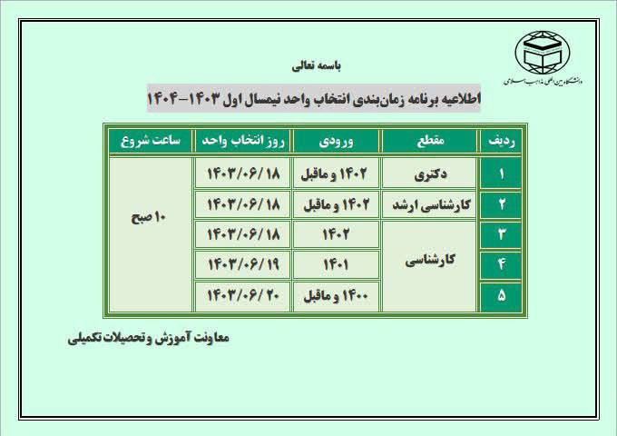 ***?*** برنامه زمان‌بندی انتخاب واحد نیمسال …