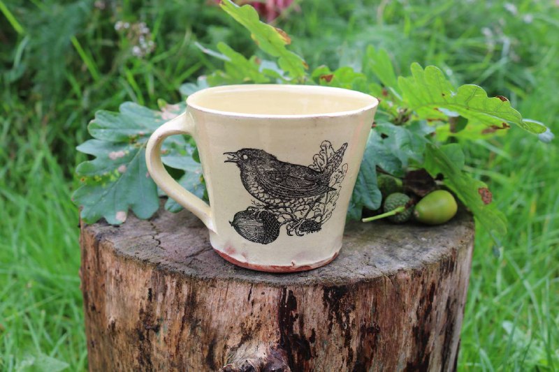 Wren and oaks ceramic cups.