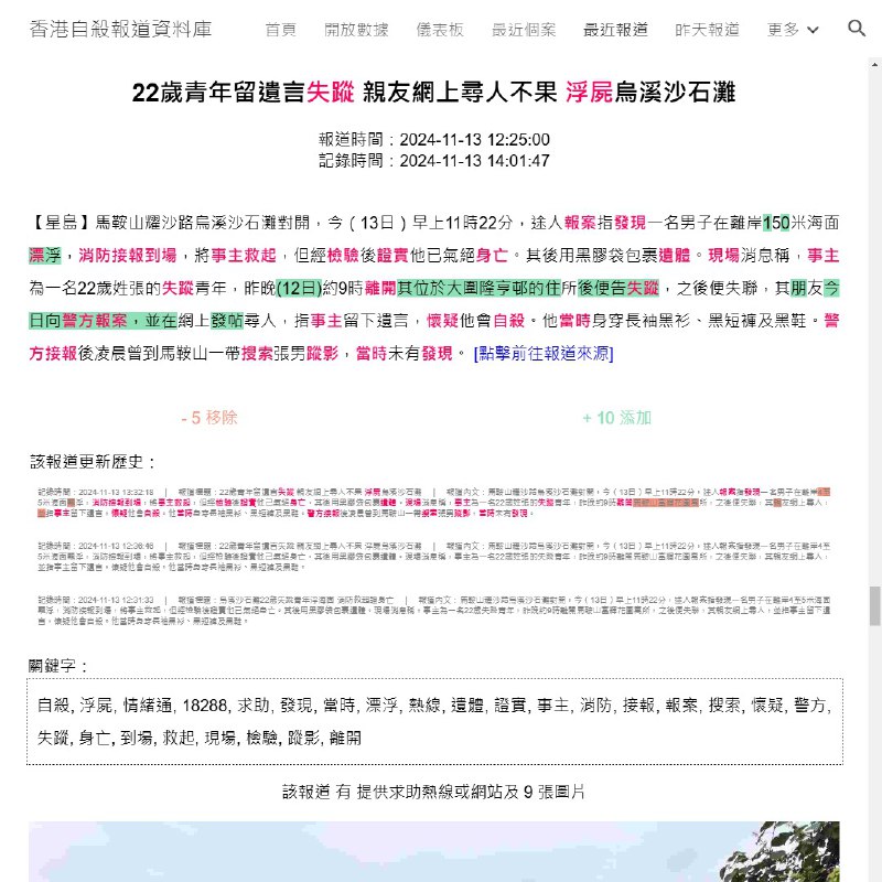 最近一宗自殺綜合報道：昨天上午11時22分，於馬鞍山烏溪沙石灘對開海面，發現一名22歲張姓青年懷疑因為健康問題而輕生，現場證實身亡，毋須送院。