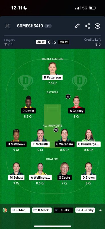 Final Small League Team For WBBL***✔️***